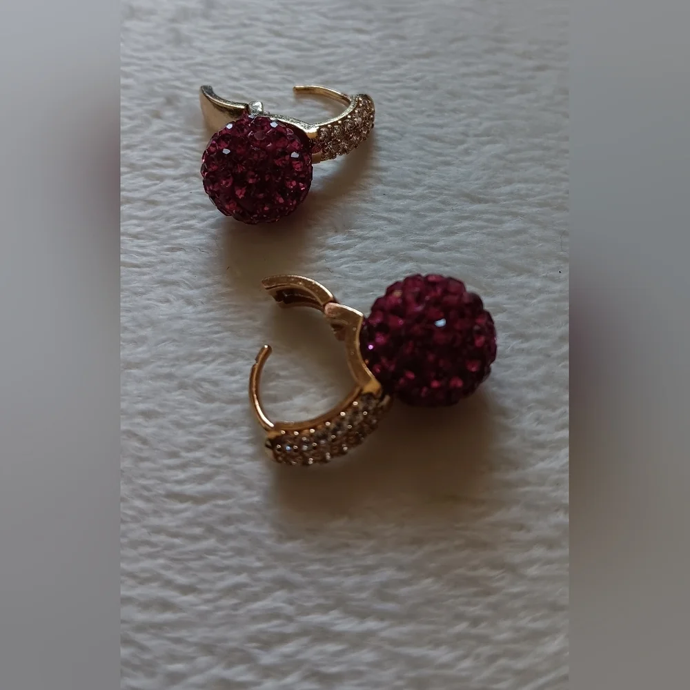 Gold plated pink crystal hoop earrings diamonds simulated